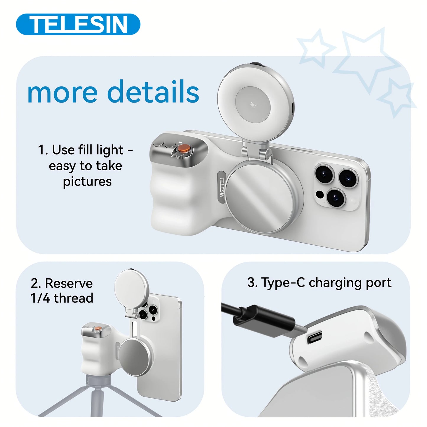 Smartphone camera grip with fill light, tripod mount, and USB-C charging port features.