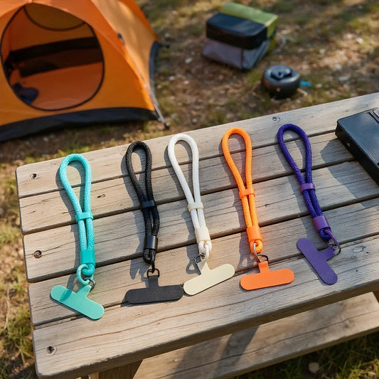 Colorful rope zipper pulls for bags and gear displayed on a wooden picnic table outdoors
