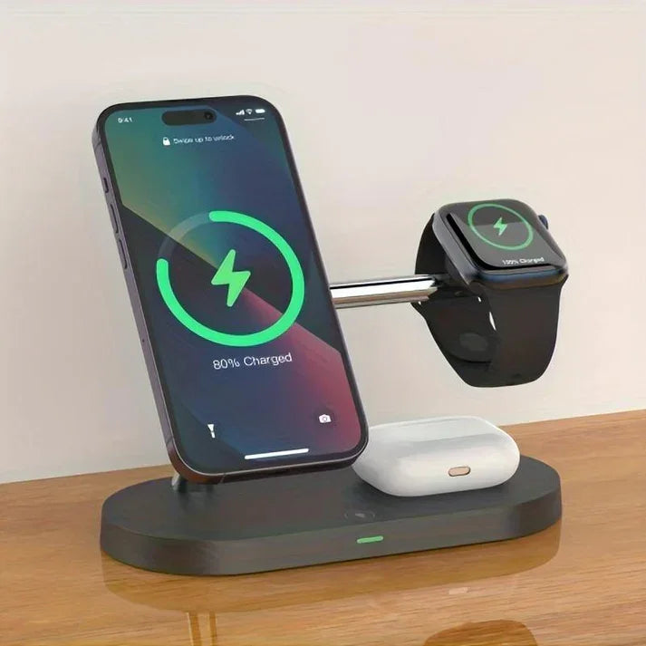 3-in-1 wireless charging station holding a smartphone, smartwatch, and earbuds on a wooden table