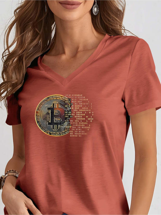 Women's Bitcoin Print V-Neck T-Shirt – Casual Everyday Tee