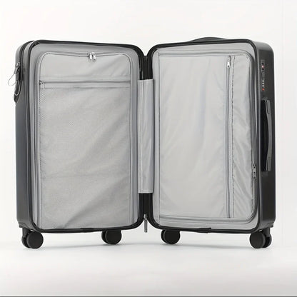 Open hard-shell suitcase with grey interior, mesh divider, and multiple zippered pockets