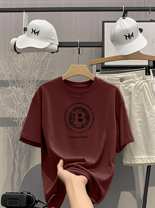 Men's Summer Casual Round Neck T-Shirt, 220G Pure Fabric, Bitcoin Print design