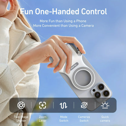 Woman holding smartphone with camera grip accessory against blue sky, demonstrating one-handed control.