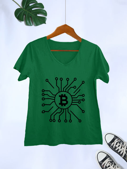 Women’s Bitcoin Graphic V-Neck T-Shirt – Short Sleeve Summer Tee