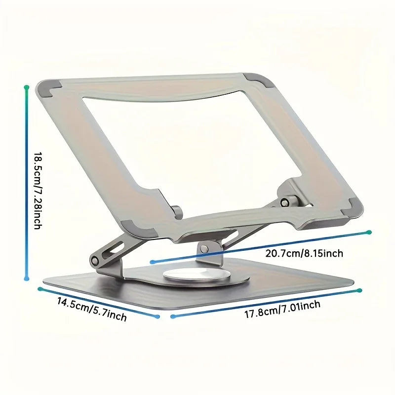 Adjustable aluminum laptop stand with labeled dimensions for ergonomic desk setup