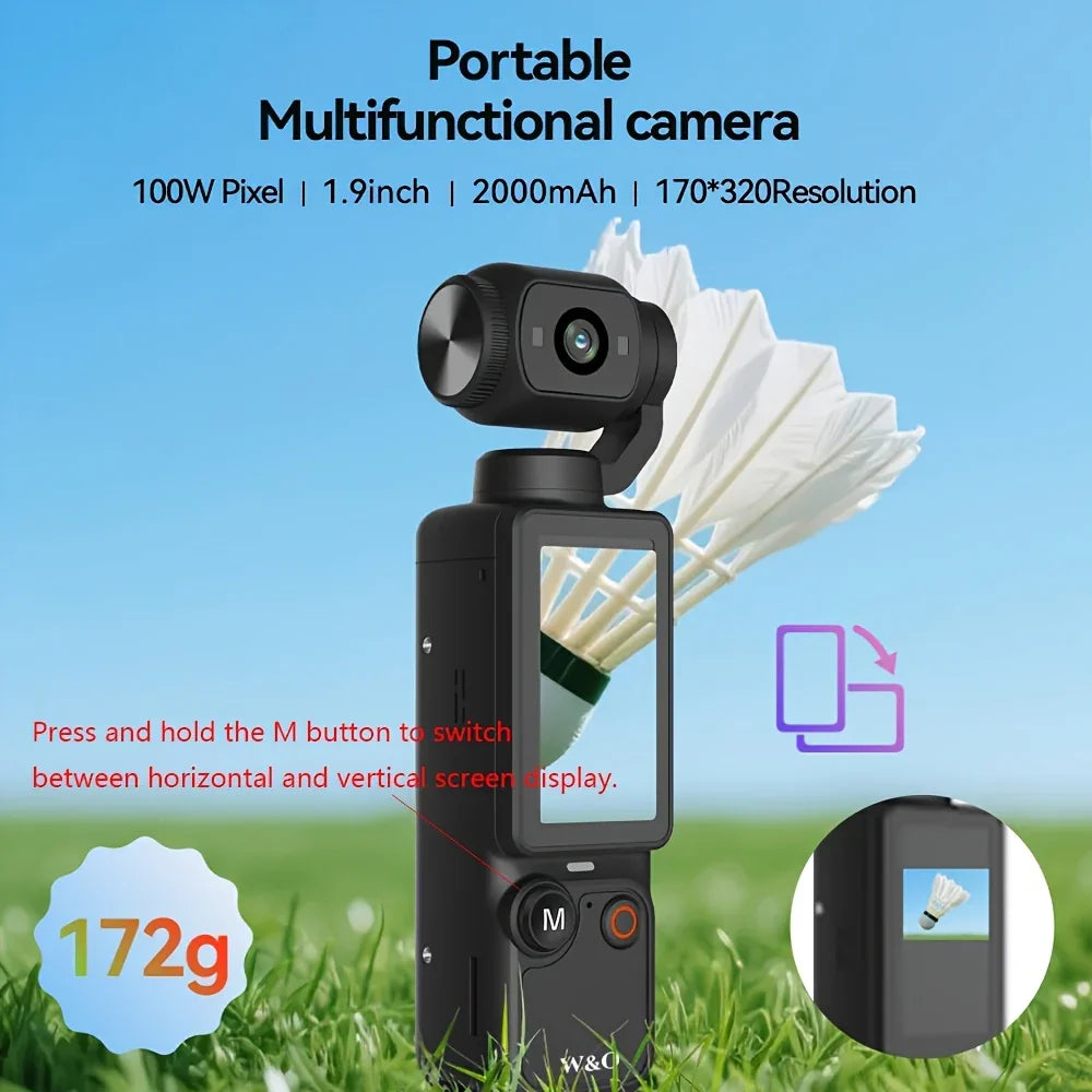 Portable multifunctional camera with flip screen, shown outdoors on grass with badminton shuttlecock.