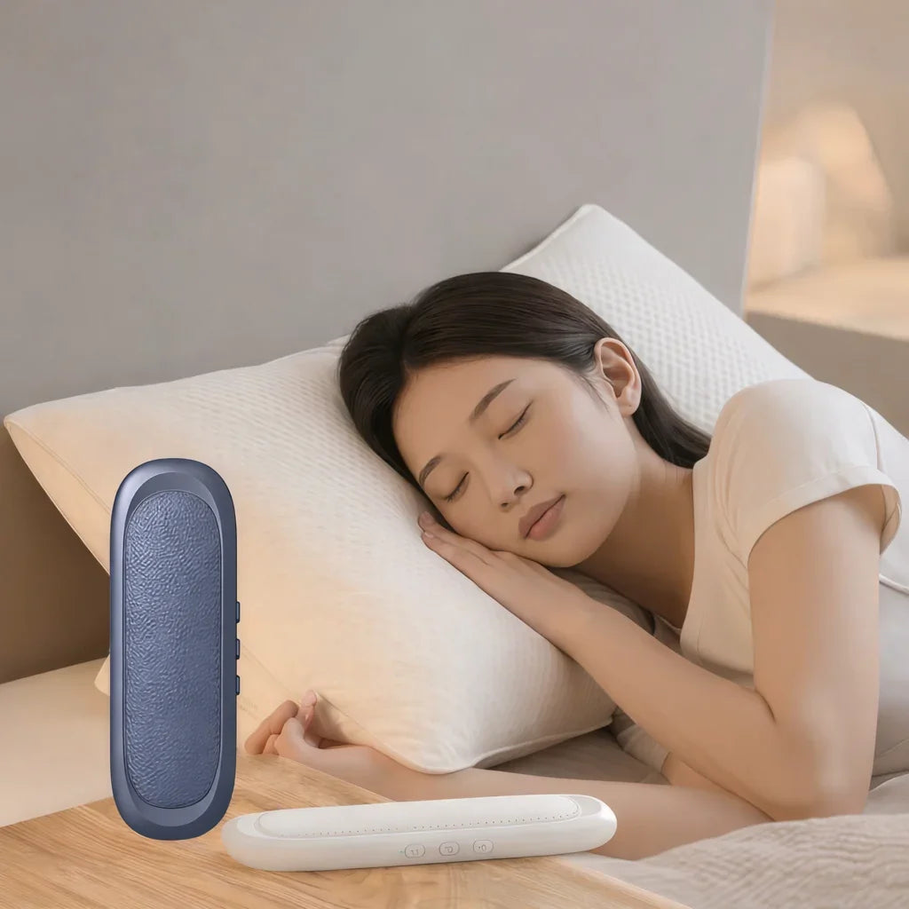 Woman sleeping on bed beside ergonomic pillow and sleep aid device on nightstand