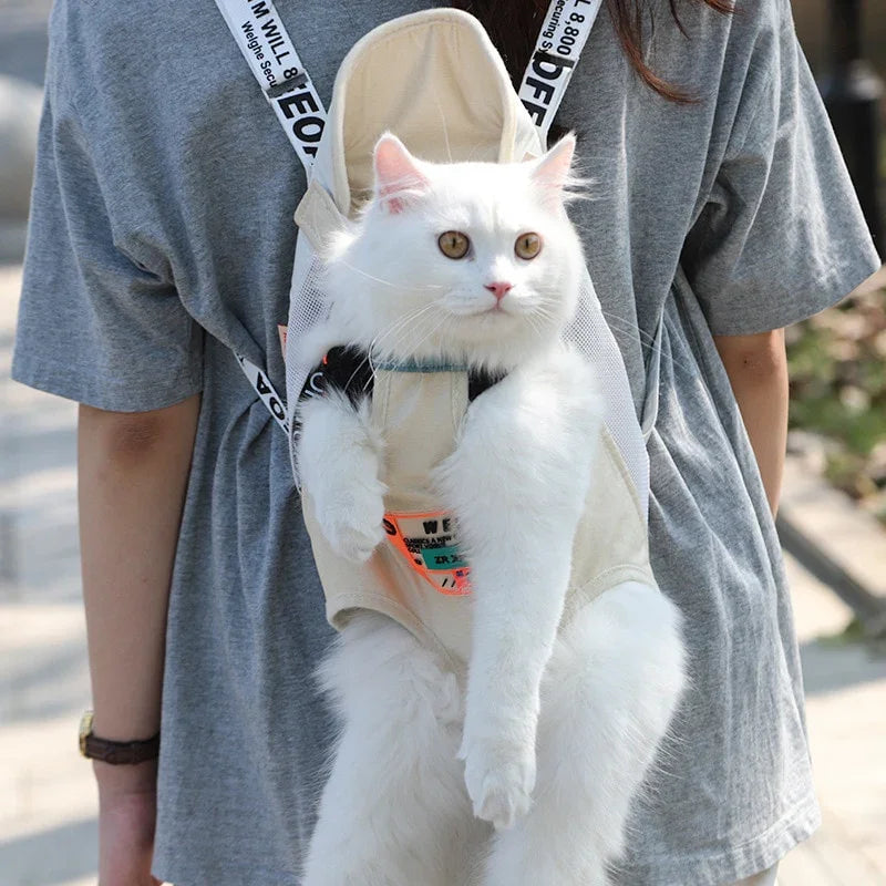 White cat in front-facing pet carrier backpack worn by person outdoors