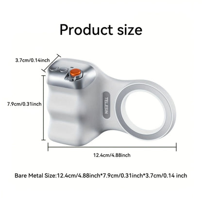 Silver TELESIN camera grip with buttons, product size labeled in centimeters and inches