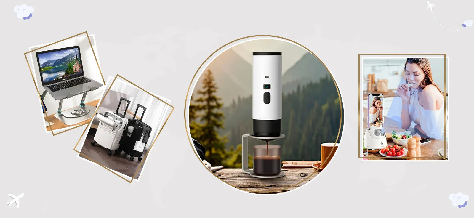Collage of travel and home essentials including laptop stand, luggage, portable coffee maker, and kitchen gadget.