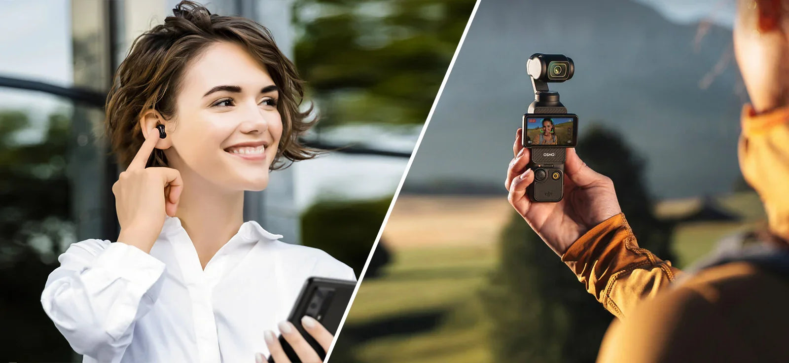 Woman using wireless earbuds and holding phone; person recording with handheld camera outdoors