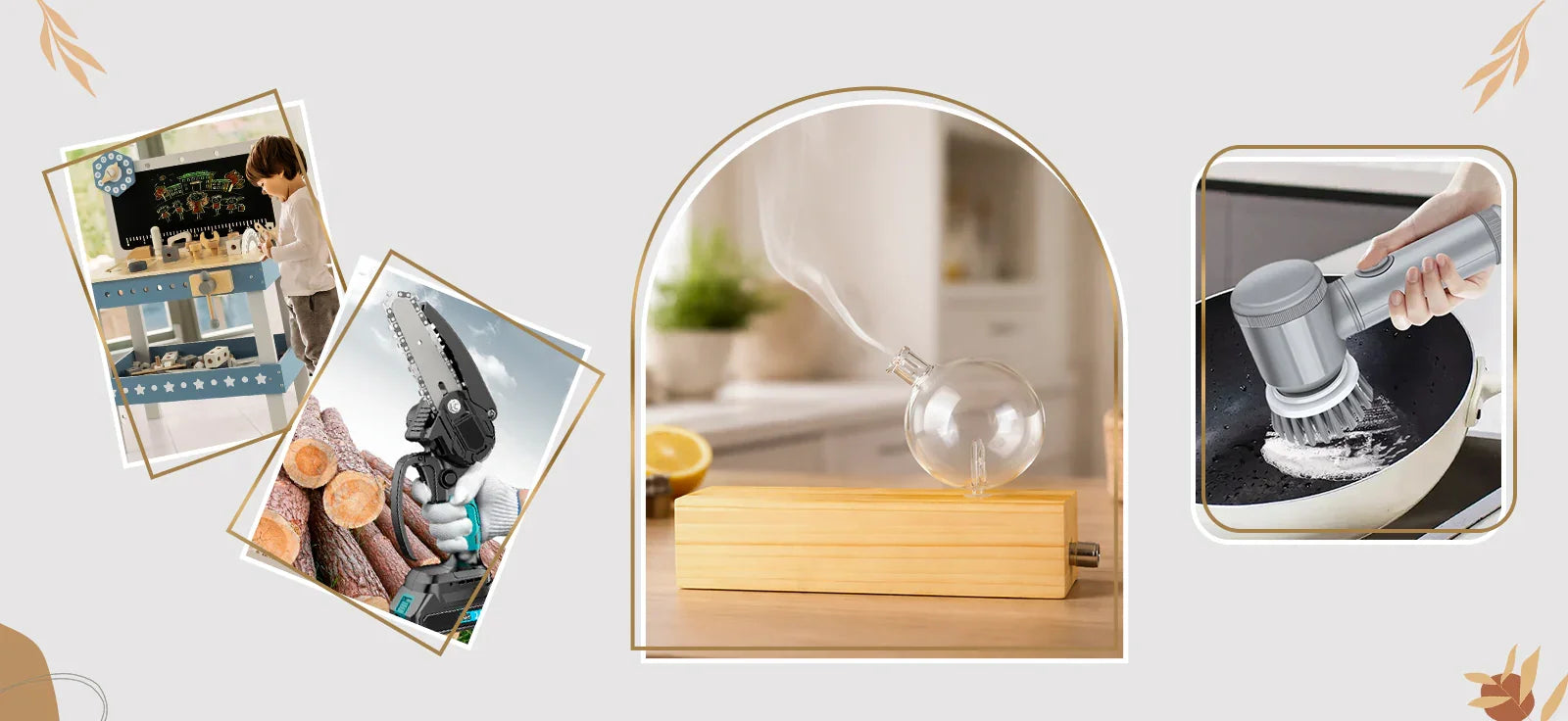 Collage of curated home essentials including a DIY kit, mini chainsaw, glass aromatherapy diffuser, and electric cleaning brush.