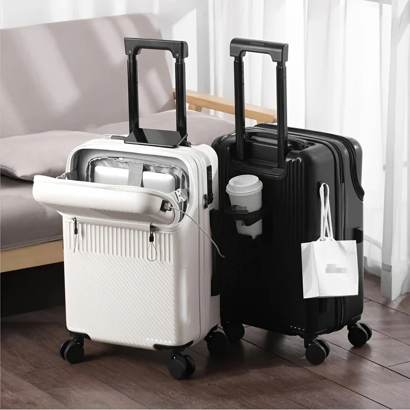 Modern hard-shell carry-on luggage with front pocket, cup holder, and telescopic handles