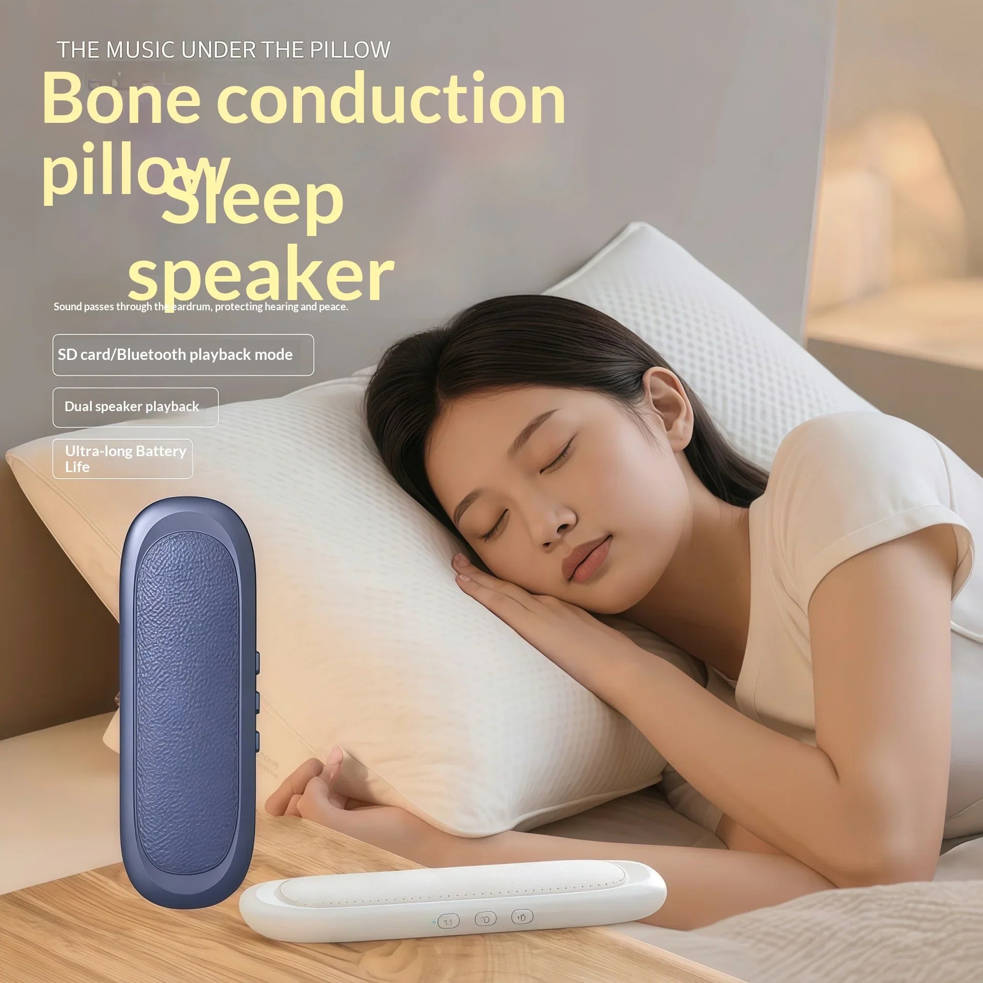 Woman sleeping on pillow with bone conduction sleep speaker, Bluetooth and SD card playback.