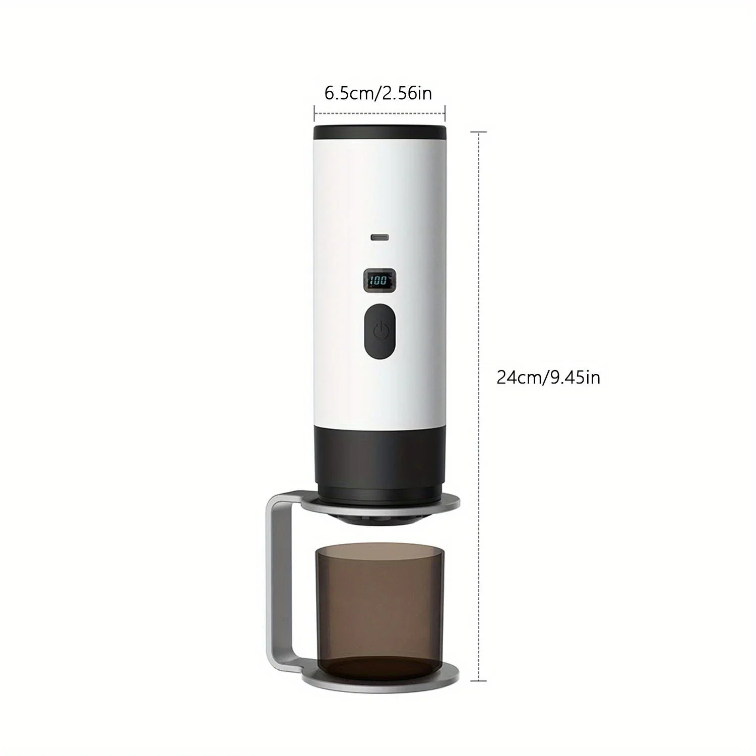 Portable electric coffee maker with digital display and measurement dimensions shown
