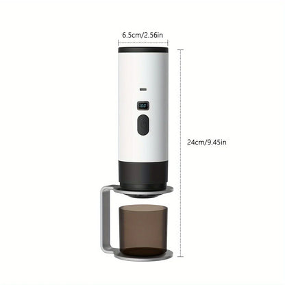 Portable electric coffee maker with digital display and measurement dimensions shown
